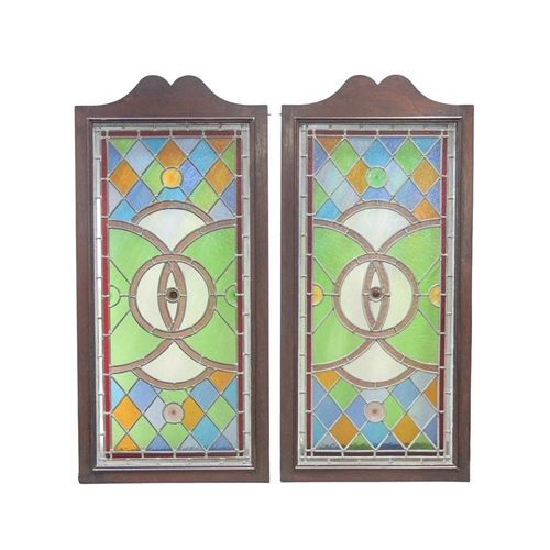 206 - A group of six stained glass panels and ten similar room divider top mounts. Mid-late 20th century, ... 