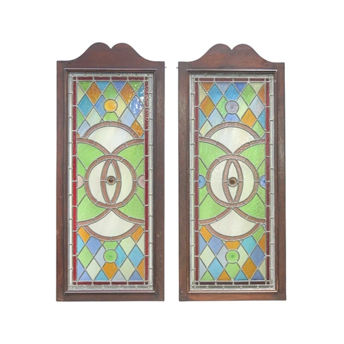 206 - A group of six stained glass panels and ten similar room divider top mounts. Mid-late 20th century, ... 