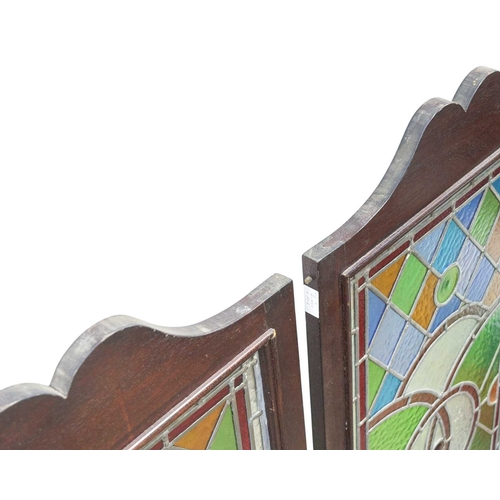 206 - A group of six stained glass panels and ten similar room divider top mounts. Mid-late 20th century, ... 