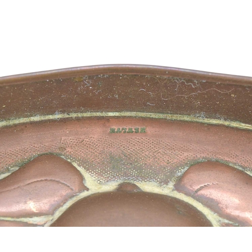 220 - A Newlyn oval galleried copper tray. With twin handles and pierced sides, with a broad border of med... 
