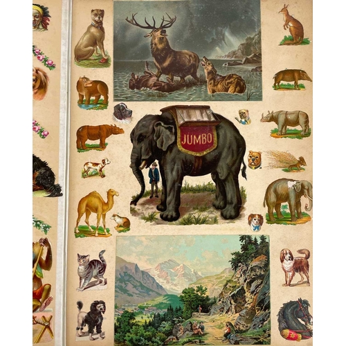 227 - A Victorian scrapbook. Three quarters full with lithographic printed scraps and postacrds, including... 