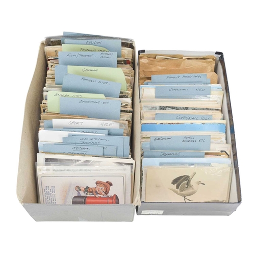 249 - 600 plus miscellaneous postcards. Lot comprises of two shoe boxes and two albums of cards, many sort... 