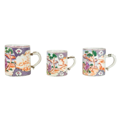 319 - A suite of three Chinese Mandarin pattern export mugs. Qianlong, each also painted with an iron red ... 