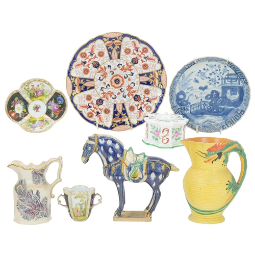 593 - A tray of mixed ceramics. Including a German porcelain chocolate cup and saucer, a Burleigh ware dra... 