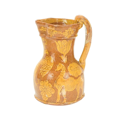594 - A good North Devon slipware harvest jug, probably Barnstaple. Circa 1770, of unusual form, decorated... 