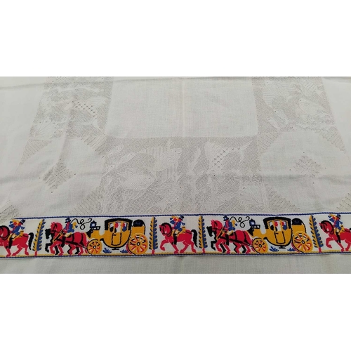 640 - A length of mid century machine embroidered fabric border. Depicting a coach and horses, height 8.5c... 
