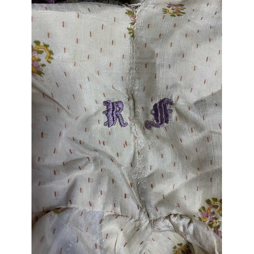 644 - Two pairs of patterned silk bloomers. Or open drawers, with ribbon and lace detailing, one pair is i... 
