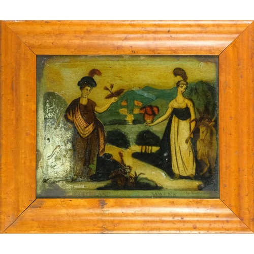 719 - A George III hand coloured reverse print on glass, 'Scotland [&] Wales'. Depicting two women with sy... 