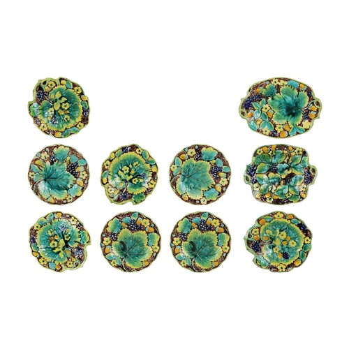 724 - A set of Samuel Alcock moulded dessert plates. Mid 19th century, majolica ware depiciting fruiting v... 