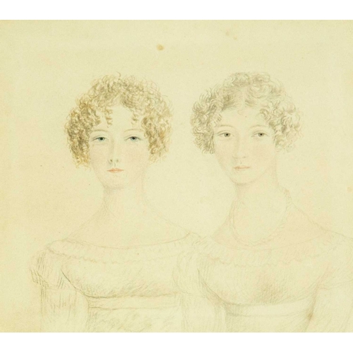 725 - English School, circa 1810. A Regency period portrait of two young ladies, pencil and coloured washe... 