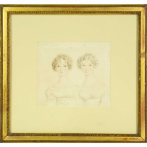 725 - English School, circa 1810. A Regency period portrait of two young ladies, pencil and coloured washe... 
