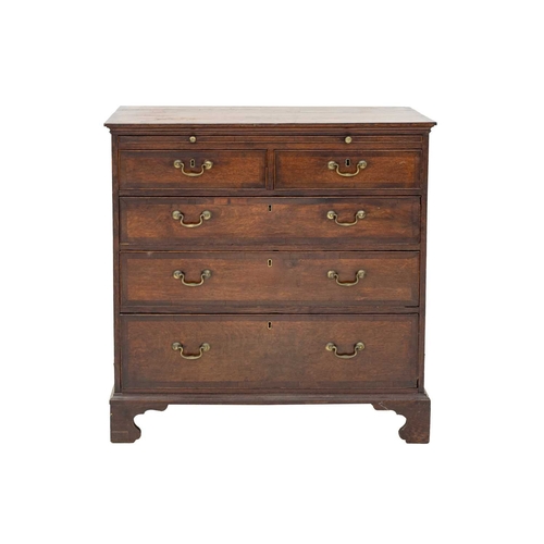 726 - A George III oak and fruitwood banded chest. Fitted with a brushing slide, above two short and three... 