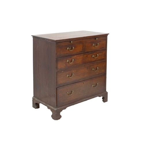 726 - A George III oak and fruitwood banded chest. Fitted with a brushing slide, above two short and three... 
