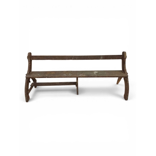 727 - A late Victorian painted ash rustic bench. With a single rail back, solid seat, raised on splay supp... 