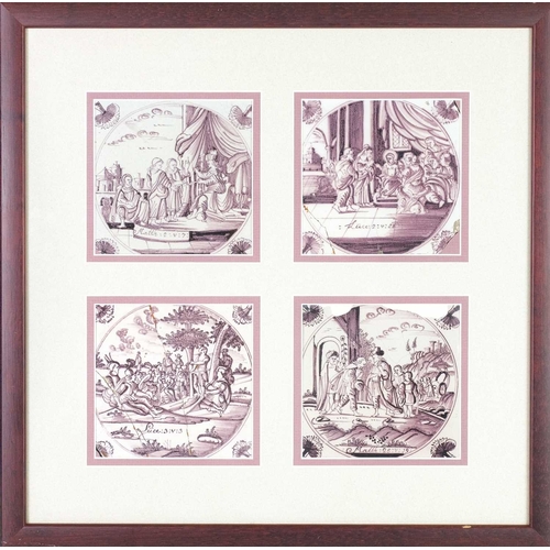 735 - Four Delft manganese tiles. 18th century, painted with Biblical Scenes from Mathew and Luke, each 12... 
