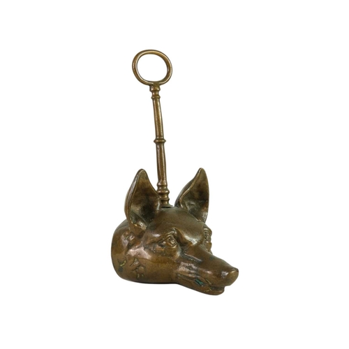 736 - A Victorian fox mask heavy brass doorstop. With well cast details and loop handle, height 28cm.
