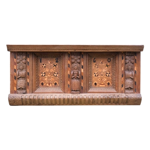 739 - A joined oak and marquetry overmantel. Partly 17th century, the two marquetry panels inlaid with sty... 