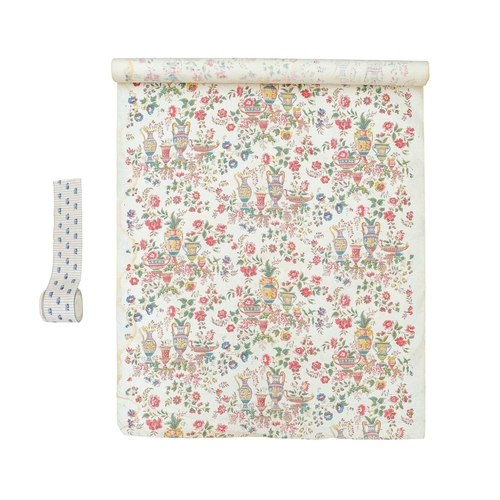 740 - A roll of circa 1940s waxed cotton wallpaper. Decorated with classical urns and ewers amongst flower... 
