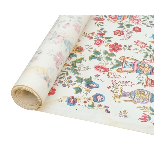 740 - A roll of circa 1940s waxed cotton wallpaper. Decorated with classical urns and ewers amongst flower... 