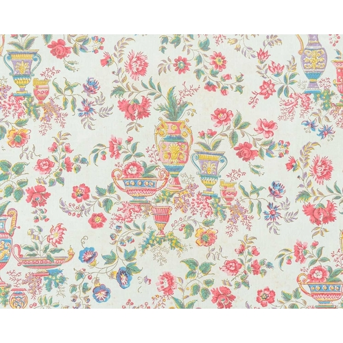 740 - A roll of circa 1940s waxed cotton wallpaper. Decorated with classical urns and ewers amongst flower... 