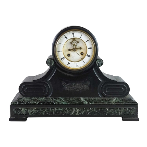 763 - A French marble cased mantel clock. Late 19th century, white enamel chapter ring with Roman numerals... 