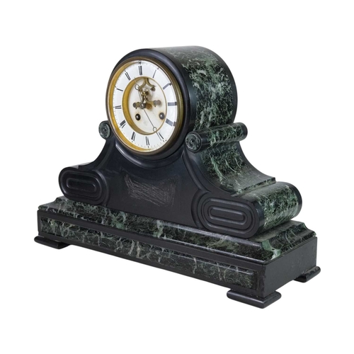 763 - A French marble cased mantel clock. Late 19th century, white enamel chapter ring with Roman numerals... 