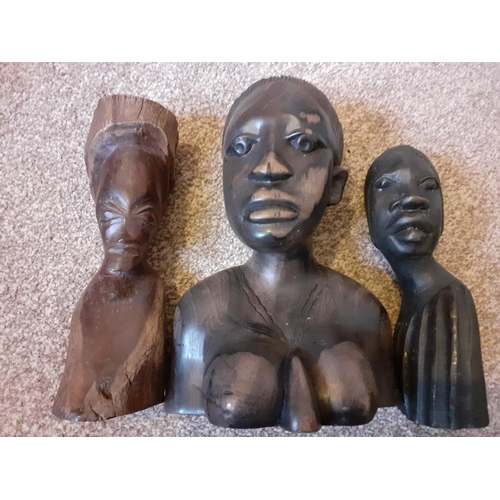 42 - Three African Wooden Carved Tribal Head Ornaments