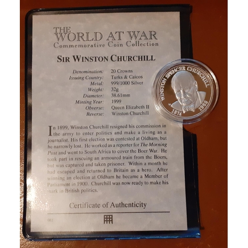 251 - 1999 Turks & Caicos 20 Crown Silver Proof Coin - Sir Winston Churchill