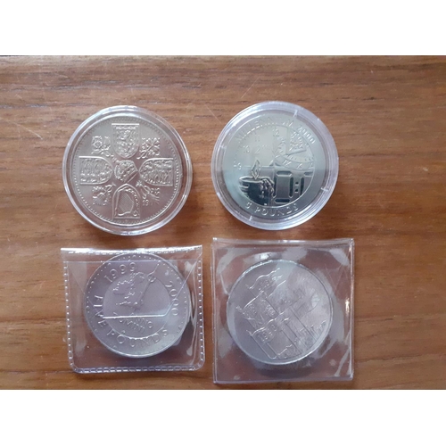 256 - 4 Mixed Coins, 3 x £5 Coins (1 Silver Proof) and Silver Proof 5 Shilling Coin