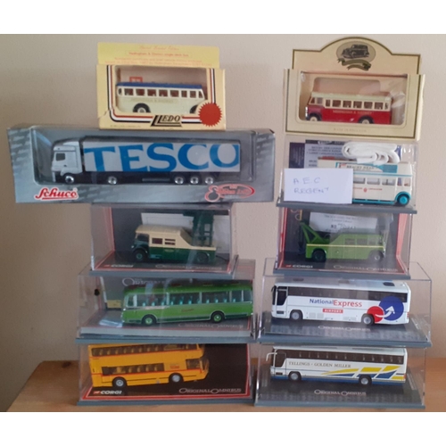 119 - Ten Mixed Manufacturer Die Cast Buses / Truck in Boxes