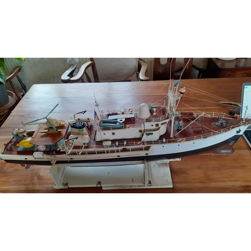 134 - Large Heavily Detailed Collectors Model Boat   -Measures 37 Inches in length. On Wooden Framed Stand... 