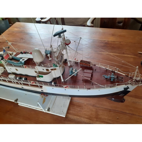 134 - Large Heavily Detailed Collectors Model Boat   -Measures 37 Inches in length. On Wooden Framed Stand... 