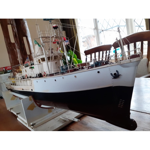 134 - Large Heavily Detailed Collectors Model Boat   -Measures 37 Inches in length. On Wooden Framed Stand... 