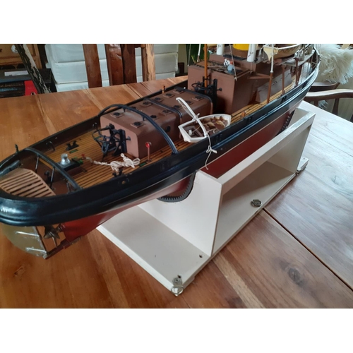 135 - Large Heavily Detailed Collectors Model Boat   -Measures 30 Inches in length. On Wooden Framed Stand... 