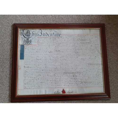 24 - Historical Indenture Framed Document 1756 , Stamped William Smith. Frame measures 60cm x 45cm approx... 