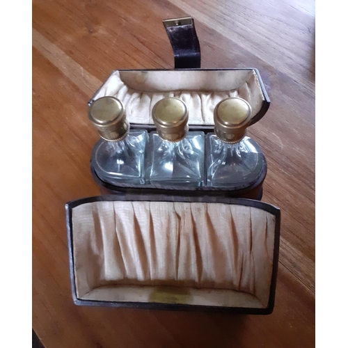 29 - Early Ladies Perfume Leather Travel Case - Three Glass decanters with glass stopper and screw lids i... 