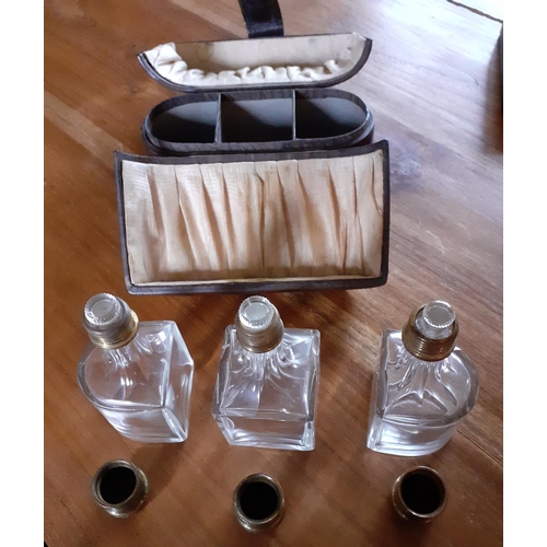 29 - Early Ladies Perfume Leather Travel Case - Three Glass decanters with glass stopper and screw lids i... 
