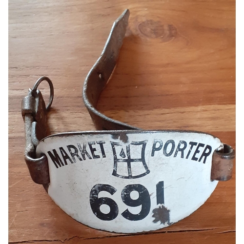 35 - London Porter Fish Market Metal Enamelled Armband. Numbered 691. Original Leather Strap