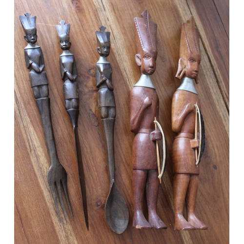 51 - African Wooden Carved Figures with Knife, Fork and Spoon Set