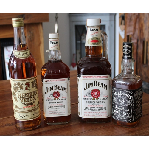 2 - 4 Vintage Bottles of Whiskey and Brandy. Largest Jim Beam bottle is 1.75 litres - All unopened.