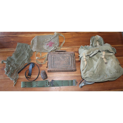 60 - Job Lot of Military Field Gear. Includes Ammunition Box, Part of a Grenade and Field Rucksack.