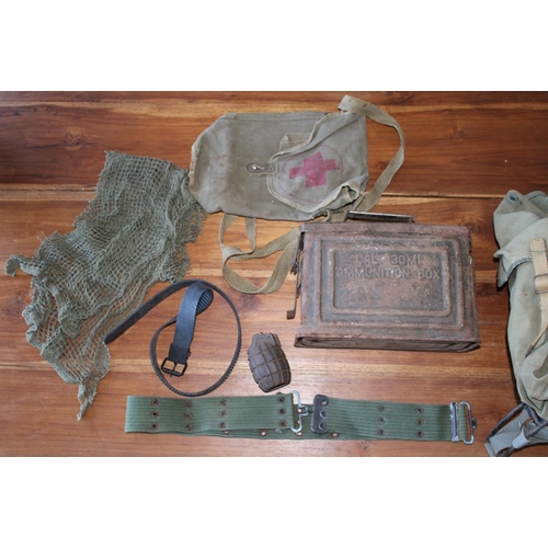 60 - Job Lot of Military Field Gear. Includes Ammunition Box, Part of a Grenade and Field Rucksack.