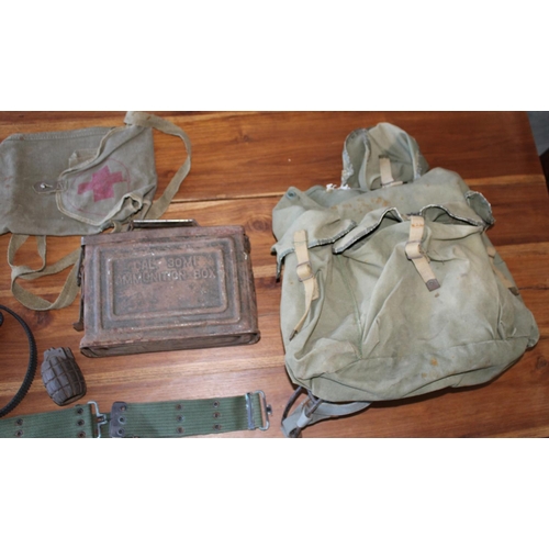 60 - Job Lot of Military Field Gear. Includes Ammunition Box, Part of a Grenade and Field Rucksack.