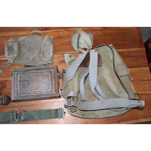 60 - Job Lot of Military Field Gear. Includes Ammunition Box, Part of a Grenade and Field Rucksack.