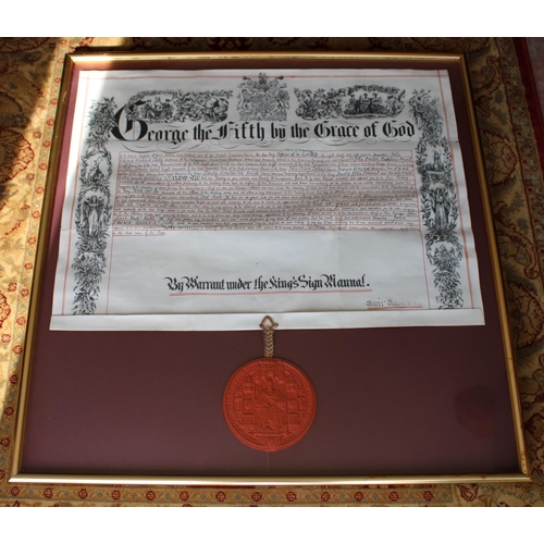 16 - Large King George V Framed Royal Warrant with Seal. Frames measures 88cm x 86cm.

This lot is collec... 