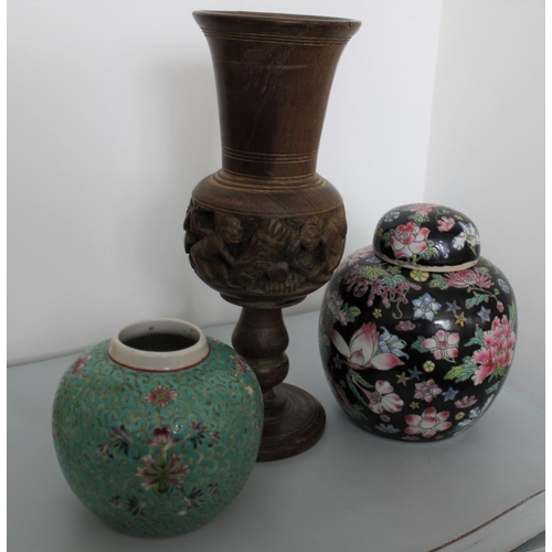 25 - Three Decorative Vases ( 2 Ceramic / 1 Wooden ). Tallest measures 26cm, smallest 10cm