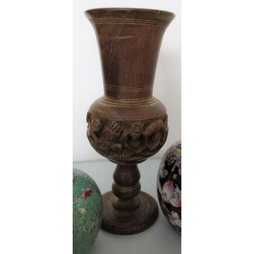25 - Three Decorative Vases ( 2 Ceramic / 1 Wooden ). Tallest measures 26cm, smallest 10cm