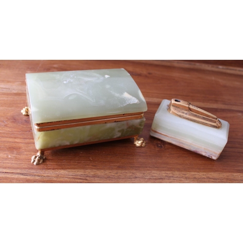 37 - Jade Cigarette Lighter and Box on Legs

Box measures 13cm x 9cm
Lighter measures 9.5cm x 4.5cm
