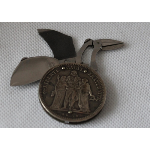 42 - 1849 French 5 Francs Coin - Turned Penknife Tool with Scissors and File