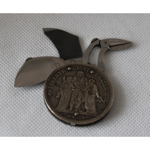 42 - 1849 French 5 Francs Coin - Turned Penknife Tool with Scissors and File